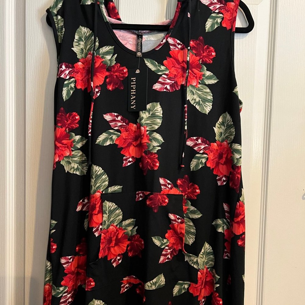 Piphany La Jolla Hooded Sleeveless Tunic - Red Floral - Buttery Soft